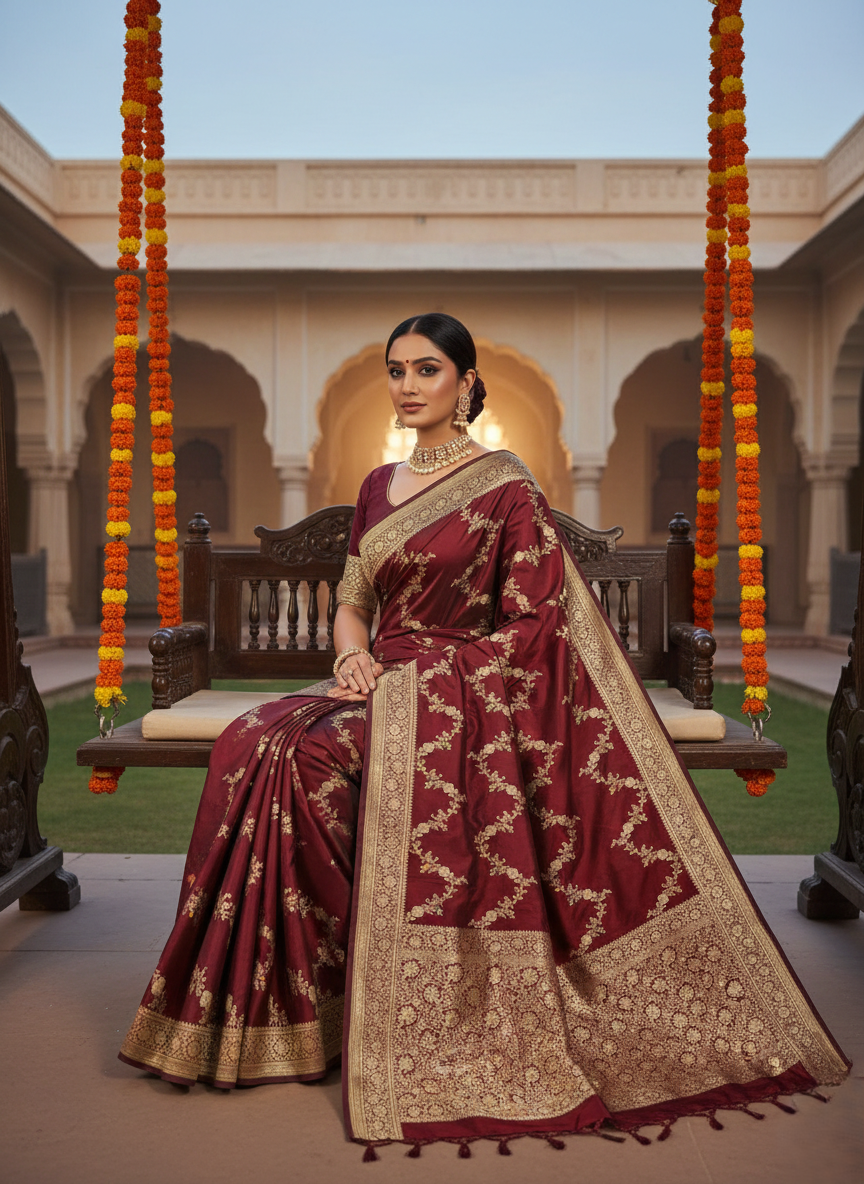 Maroon Banarasi Handloom Katan Silk Kaduwa Meenakari Saree