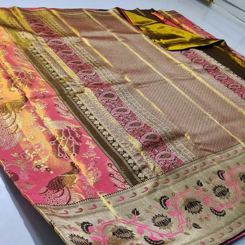 Peach Kanchipuram Handloom Tissue Brocade Paithani Silk Saree