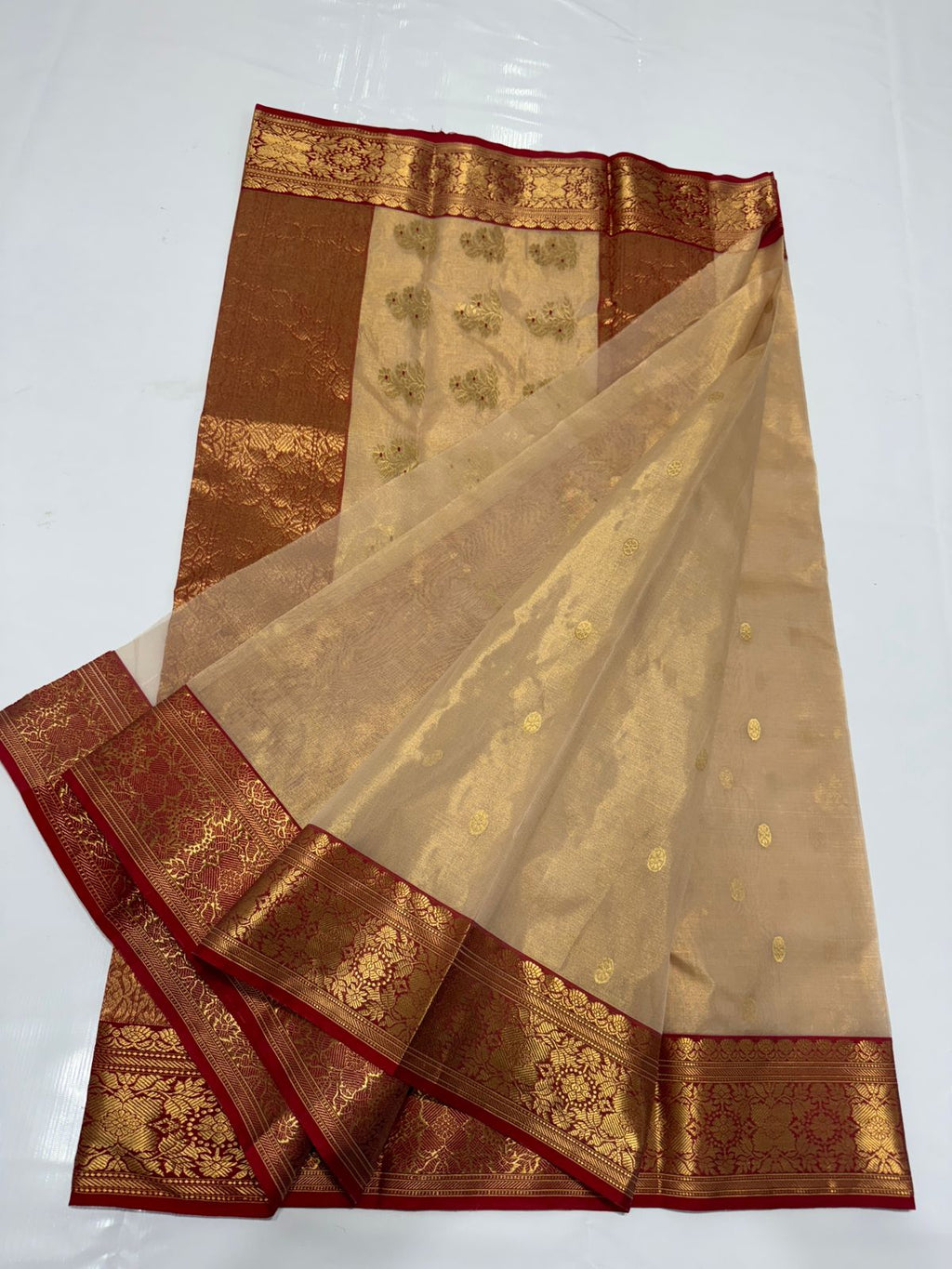 Beige Chanderi Handloom Katan Tissue Silk Saree