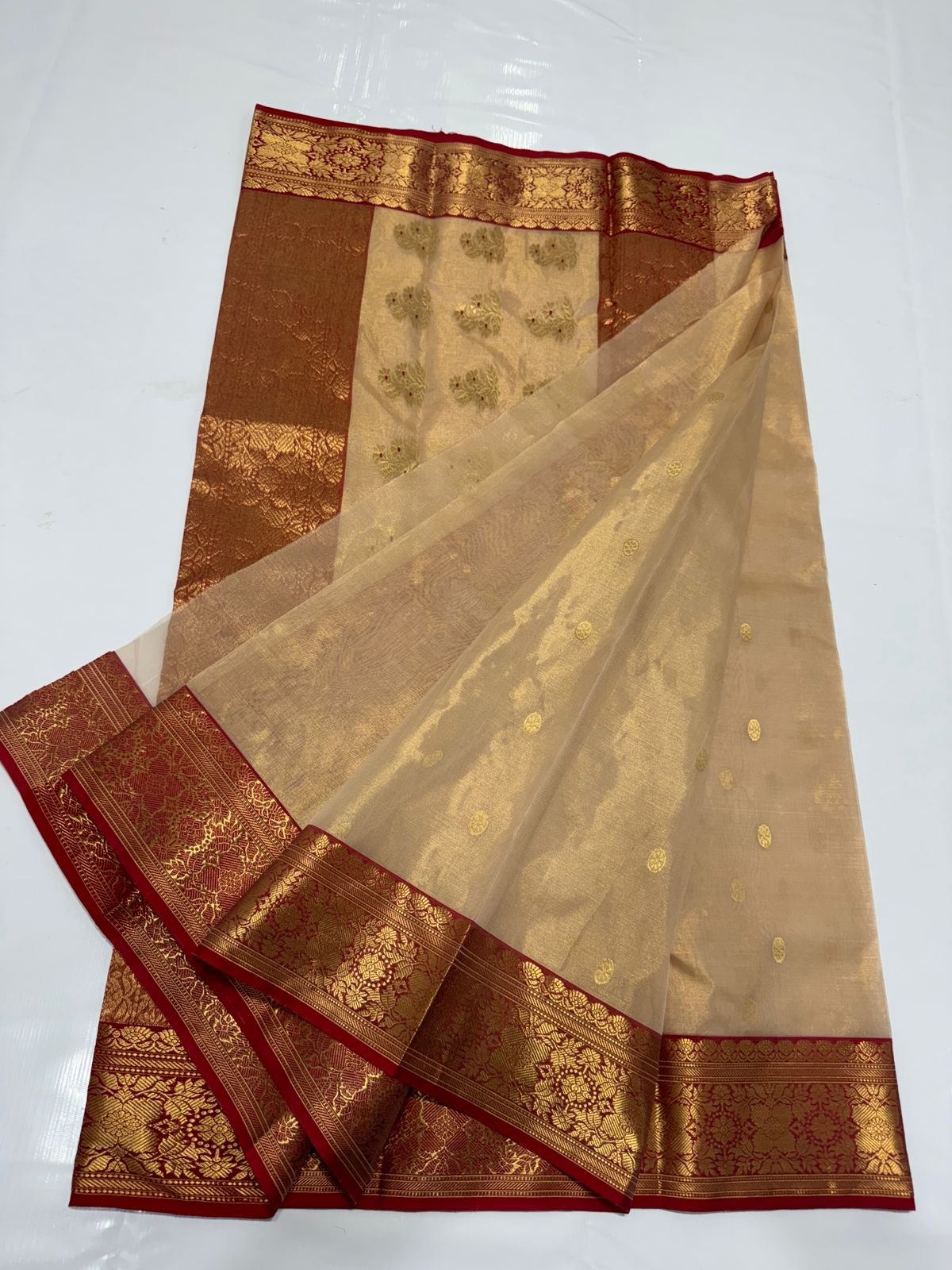 Beige Chanderi Handloom Katan Tissue Silk Saree