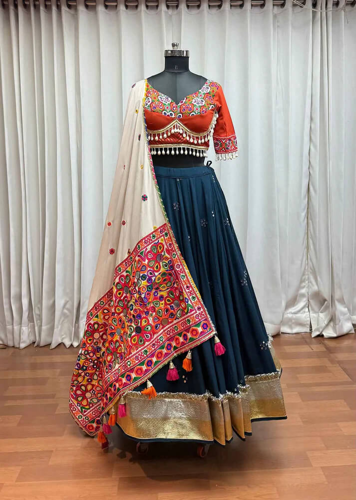 Teal Blue Navratri Lehenga with Mirror Kodi & Thread Work
