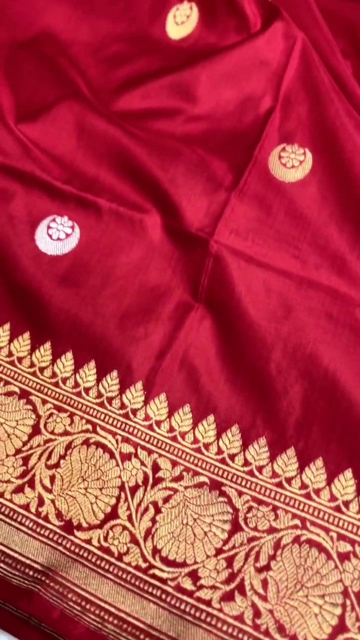 Rød Banarasi håndvævet Katan Silk Chand Tara Brude Saree