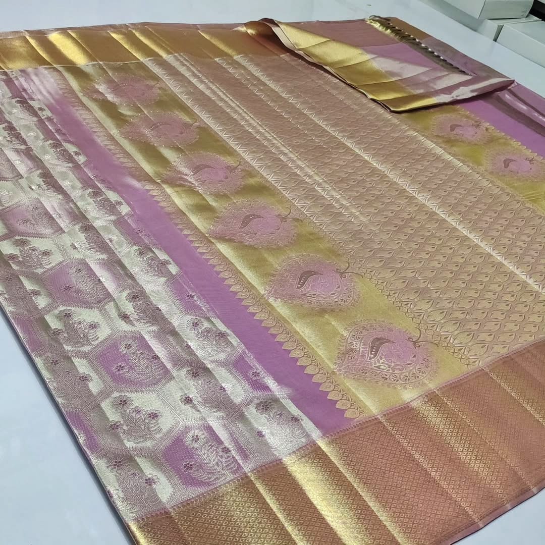 Lavender Kanchipuram Handloom Tissue Brocade Silk Saree