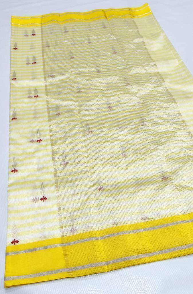 Lemon Chanderi Handloom Pattu Silk Eknal Buttas Saree