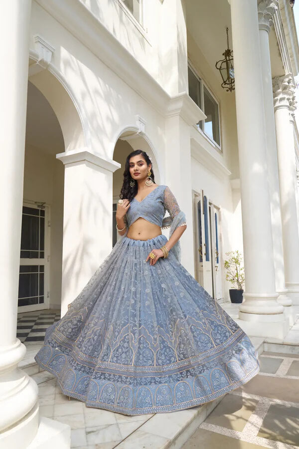 Stylish Blue Grey Net Lehenga Choli with Thread Work
