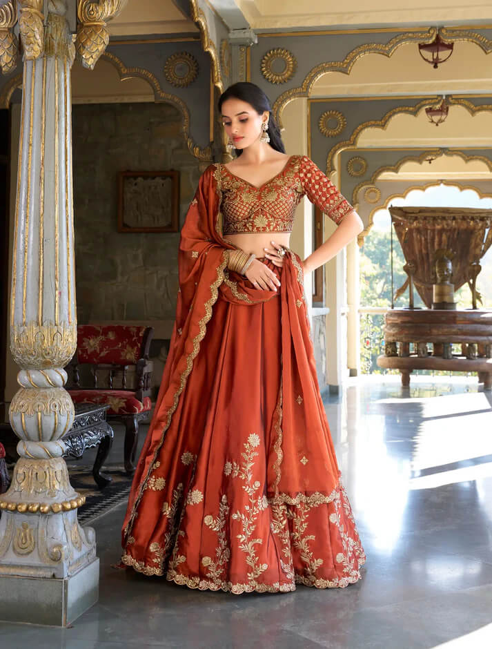 Rust Orange Rangoli Silk Lehenga Choli With Sequins and Thread Embroidery Work