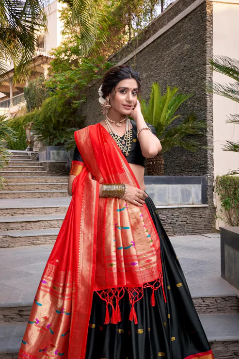 Black Zari Weaving Paithani Lehenga Choli in Jacquard Silk