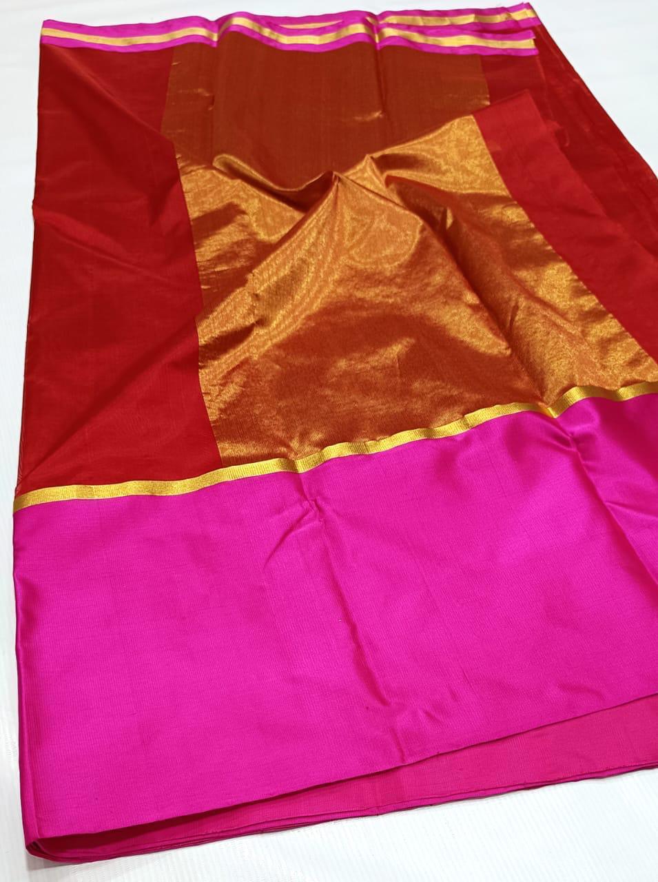 Red Chanderi Handloom Pattu Silk Mashru Borders Saree