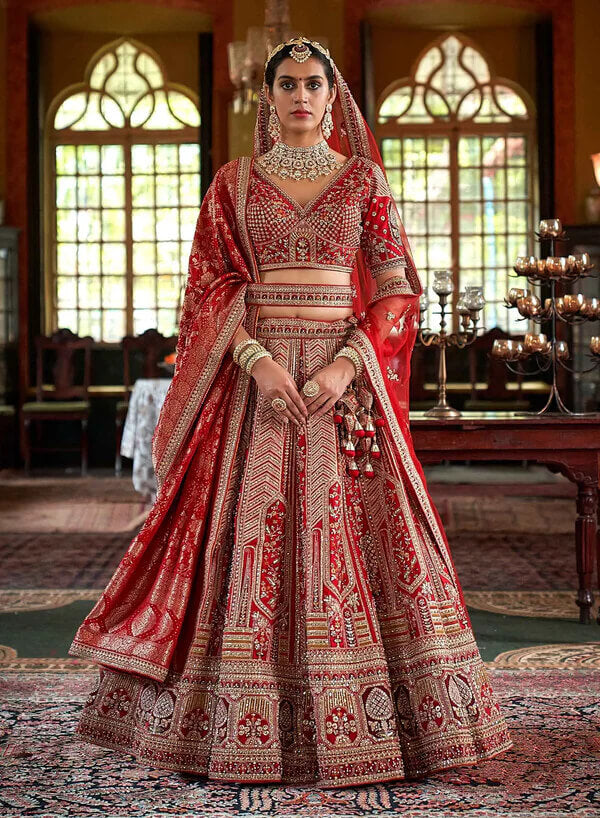 Elegant Red Bridal Lehenga choli with Pearl Embroidery