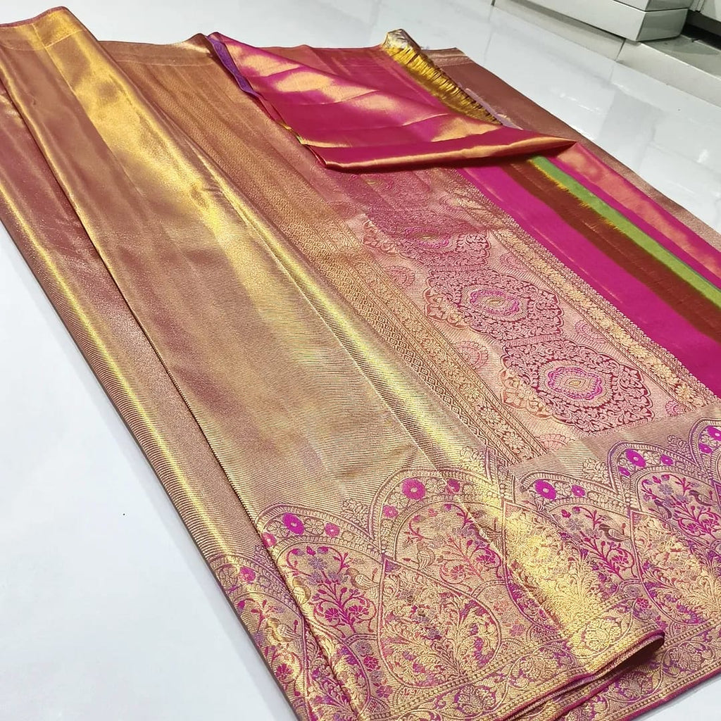 Gold and Hot Pink Kanchipuram Handloom Tissue Brocade Silk Saree