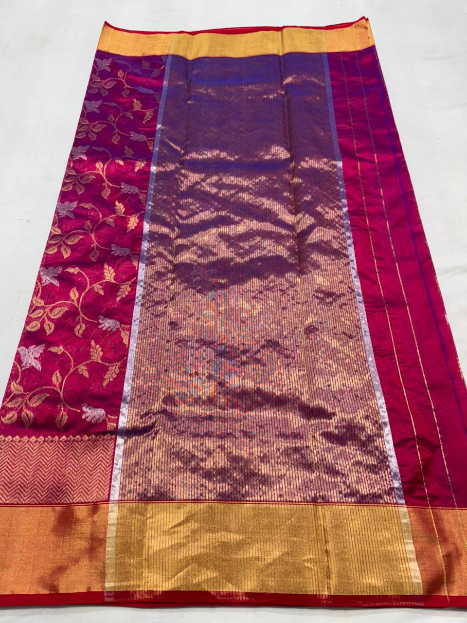 Dark Pink Chanderi Handloom Pattu Silk Shikargah Handwork Saree