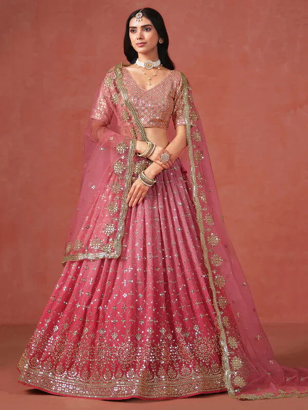 Peach-Pink Gradient Georgette Lehenga with Zari & Sequins