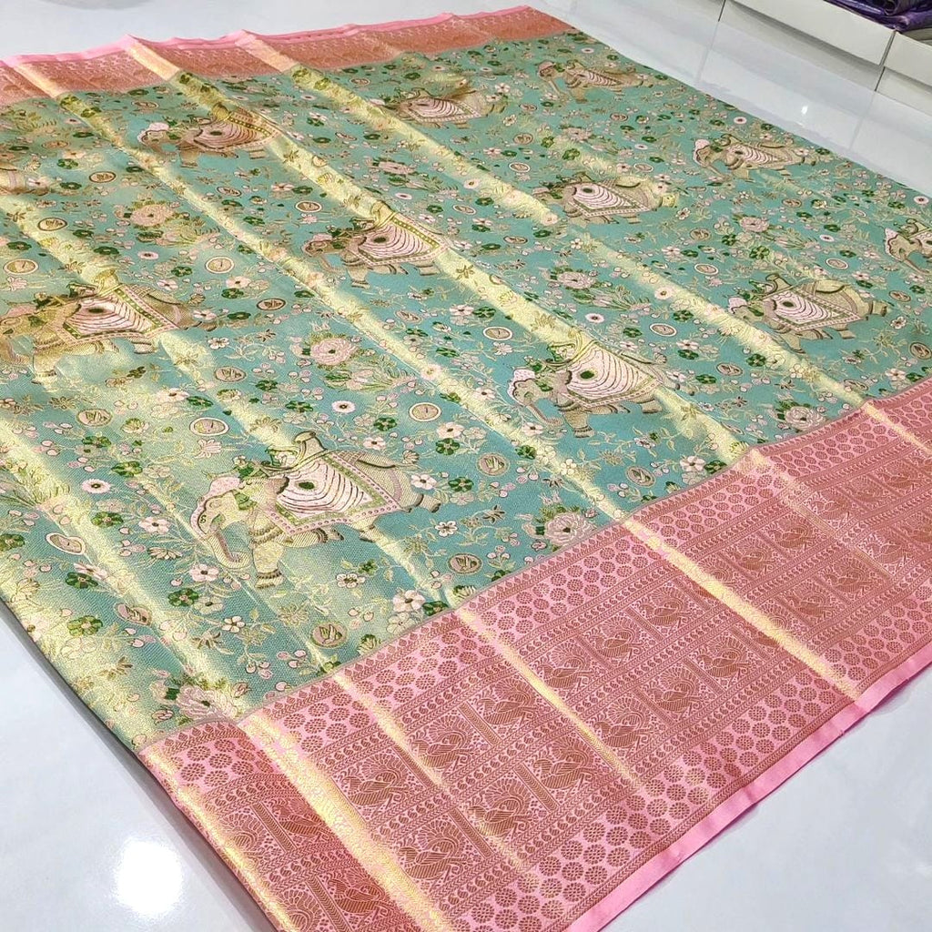 Pista Green Kanchipuram Handloom Tissue Brocade 4D Meenakari Silk Saree