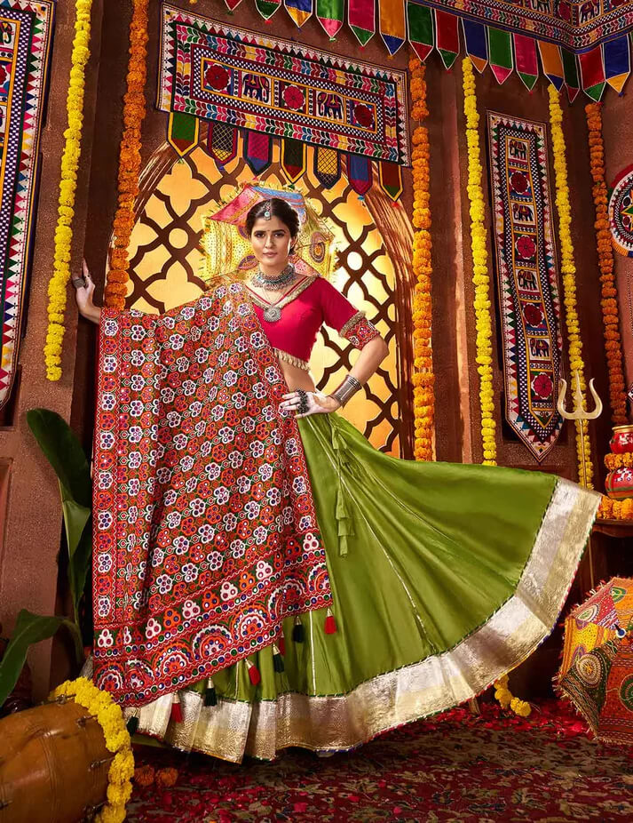 Trendy Green Embroidered Navratri Lehenga with Mirror Dupatta