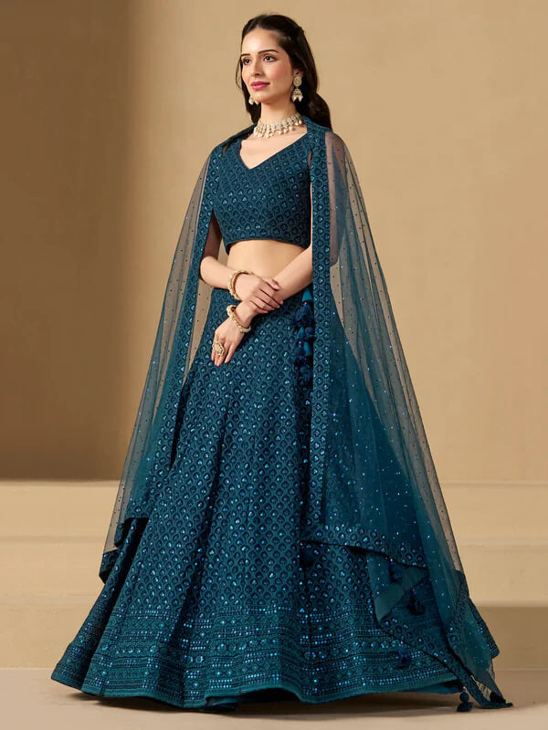 Teal Blue Georgette Lehenga with Sequins Embroidery