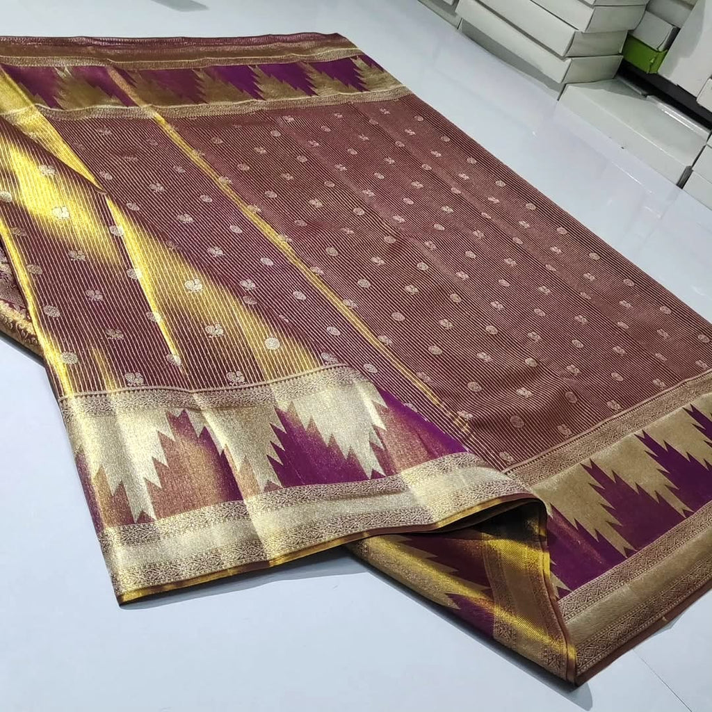 Magenta Kanchipuram Handloom Tissue Brocade Silk Meenakari Saree