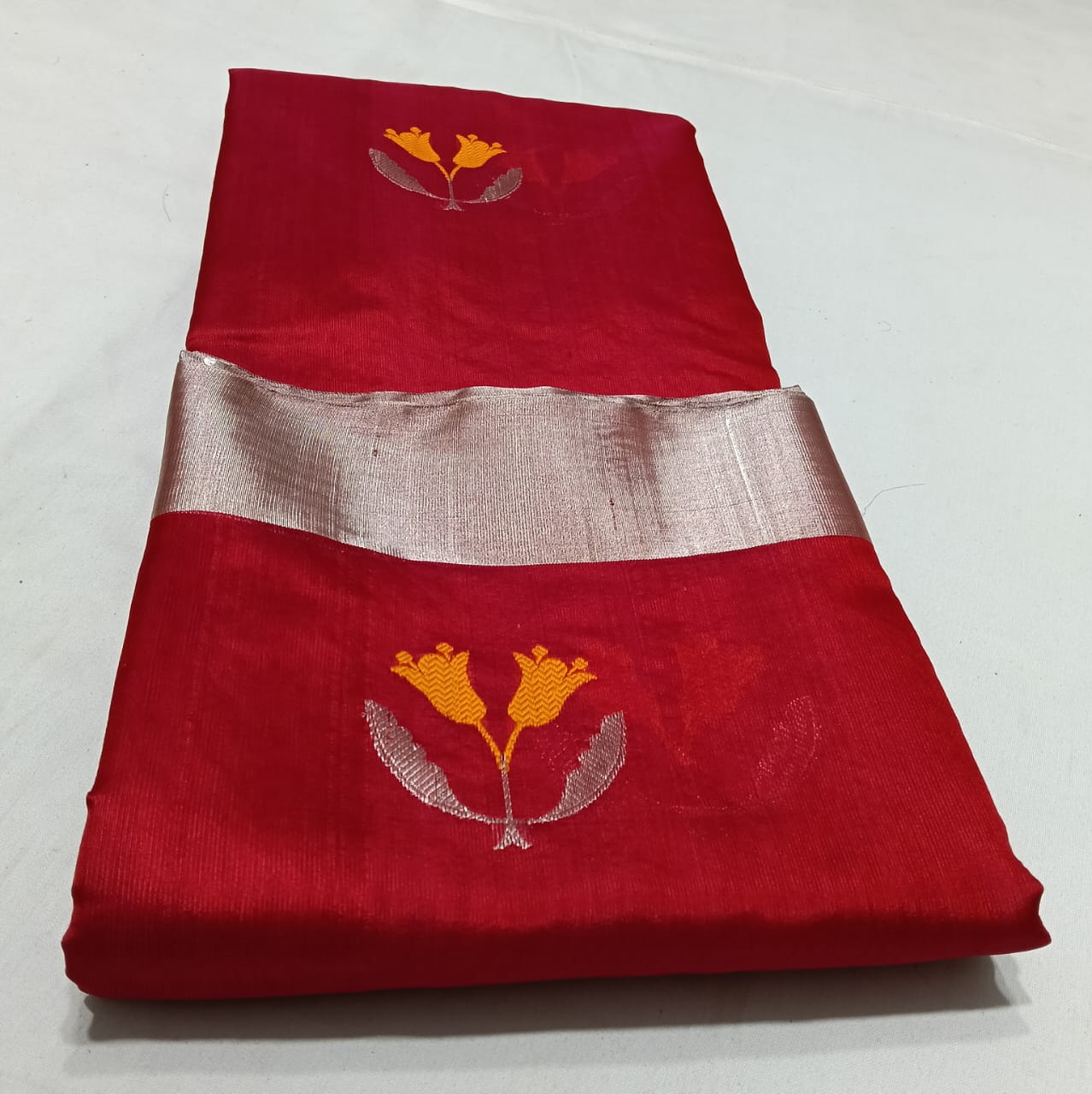 Red Chanderi Handloom Pattu Silk Eknal Buttas Meenakari Saree