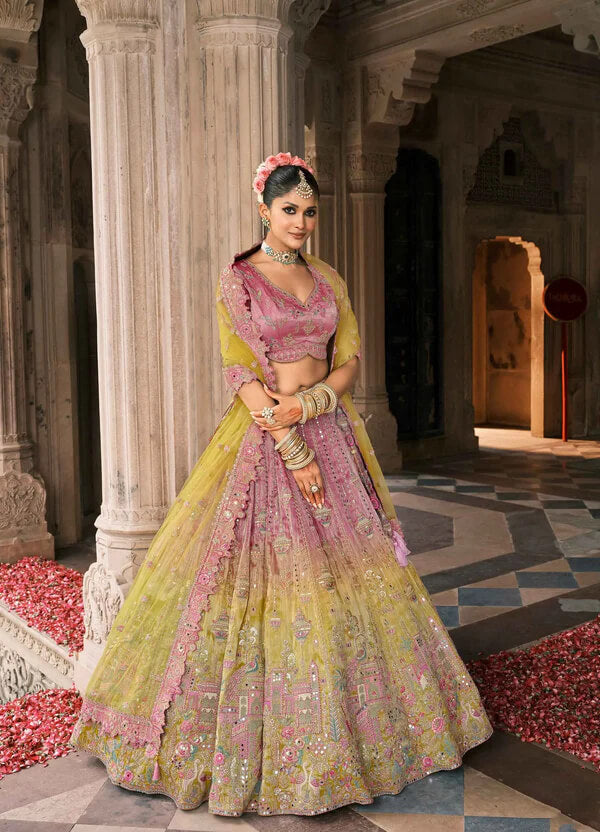 Pink Yellow Bridal Lehenga with Exquisite Designer Embroidery