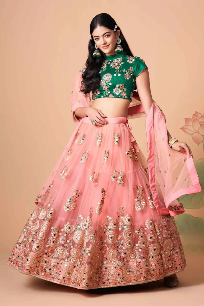 Peach Net Lehenga with Zari, Sequins & Mirror Work