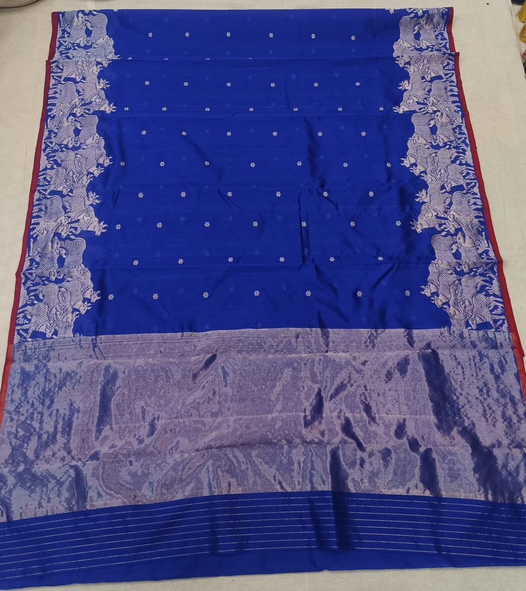Azure Blue Chanderi Handloom Pattu Silk Handwork Saree