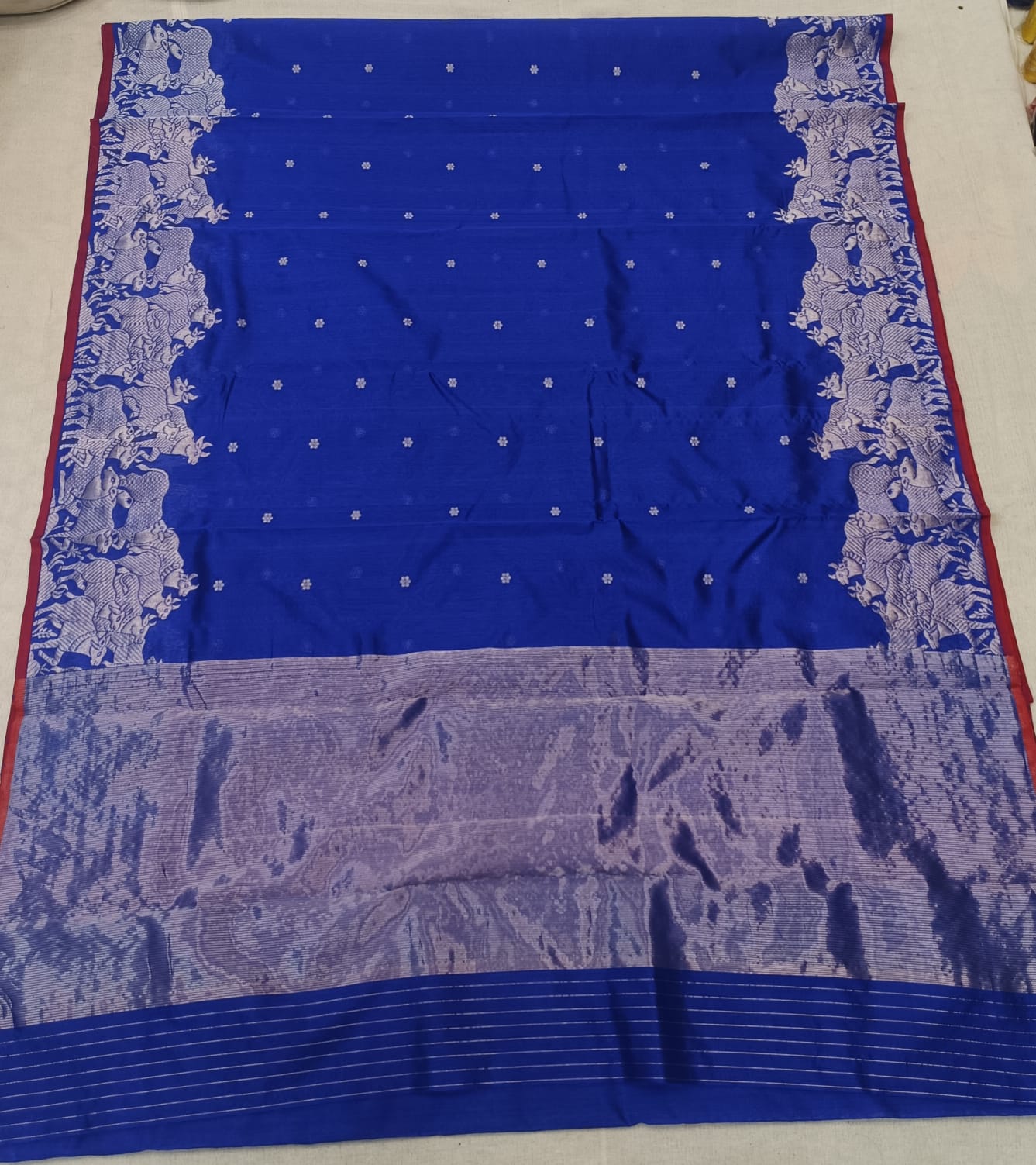 Azure Blue Chanderi Handloom Pattu Silk Handwork Saree