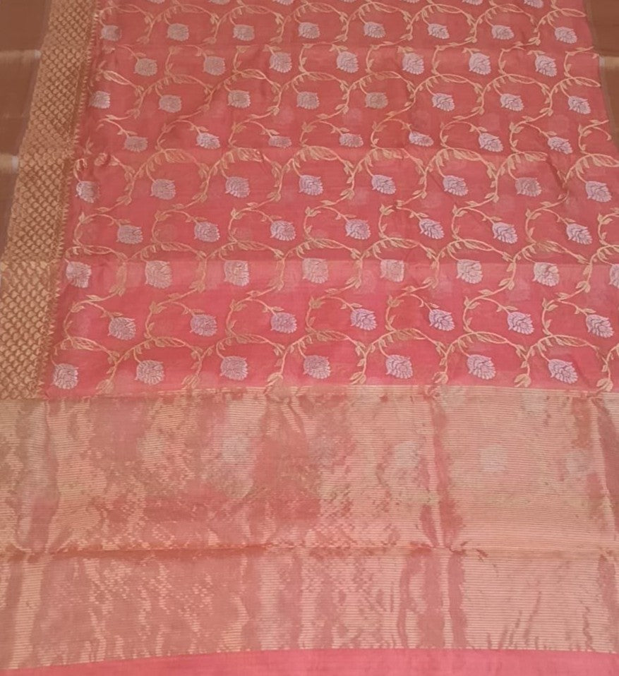 Peach Chanderi Handloom Pattu Silk Handwork Saree