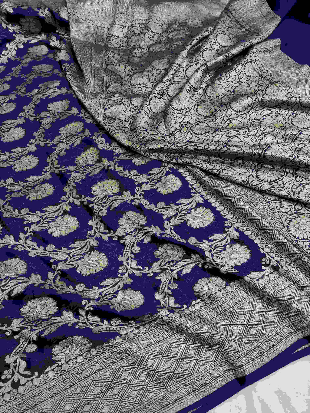 Midnight Blue Banarasi Handloom Water Zari Georgette Silk Saree