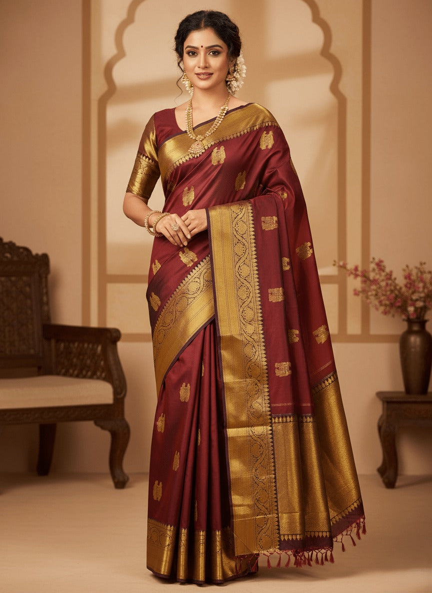 Maroon Kanchipuram Handloom 2G Gold Pattu Silk Saree