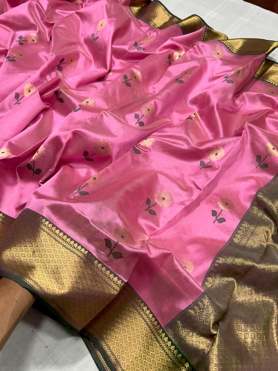 Hot Pink Chanderi Handloom Pattu Silk Meenakari Nakshi Saree