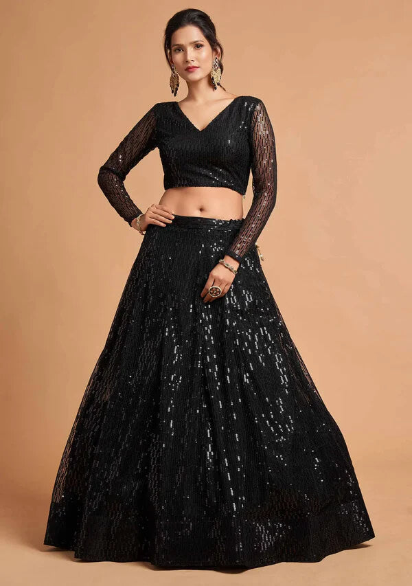 Black Soft Net Lehenga with Thread & Sequins Work