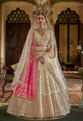 Beige Bridal Lehenga and Pink Dupatta  With Heavy Embroidery & Pearl Work
