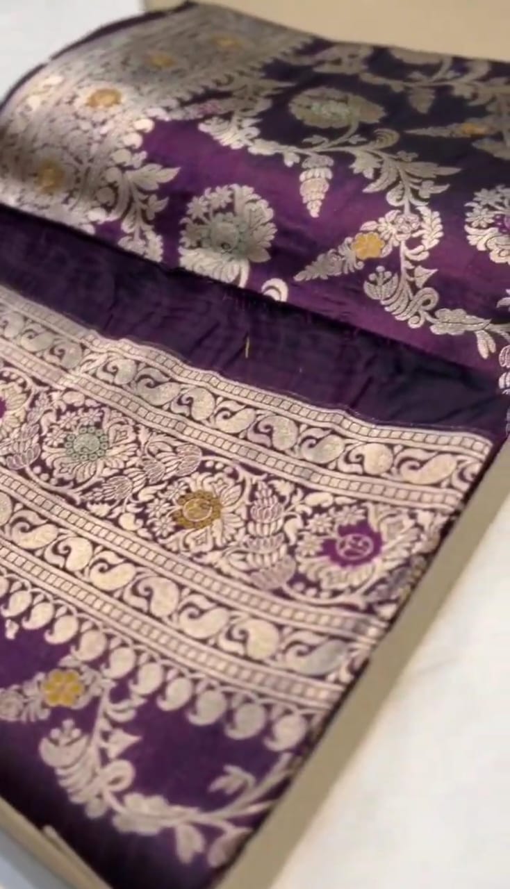 Handloom Wine Red Dual Tone Banarasi Katan Silk Saree with Meenakari Floral Weaving and Silk Mark Tag.