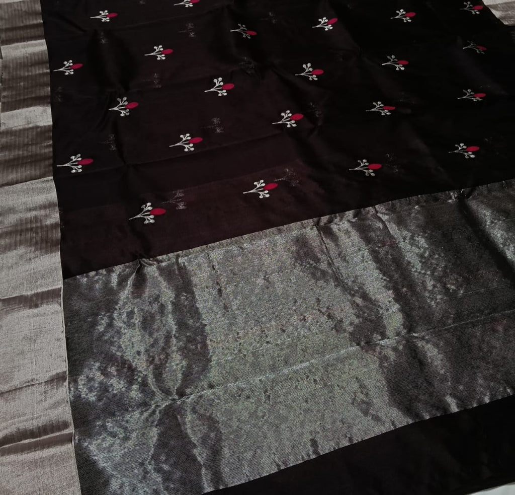 Dark Brown Chanderi Handloom Pattu Silk Eknal Buttas Meenakari Saree