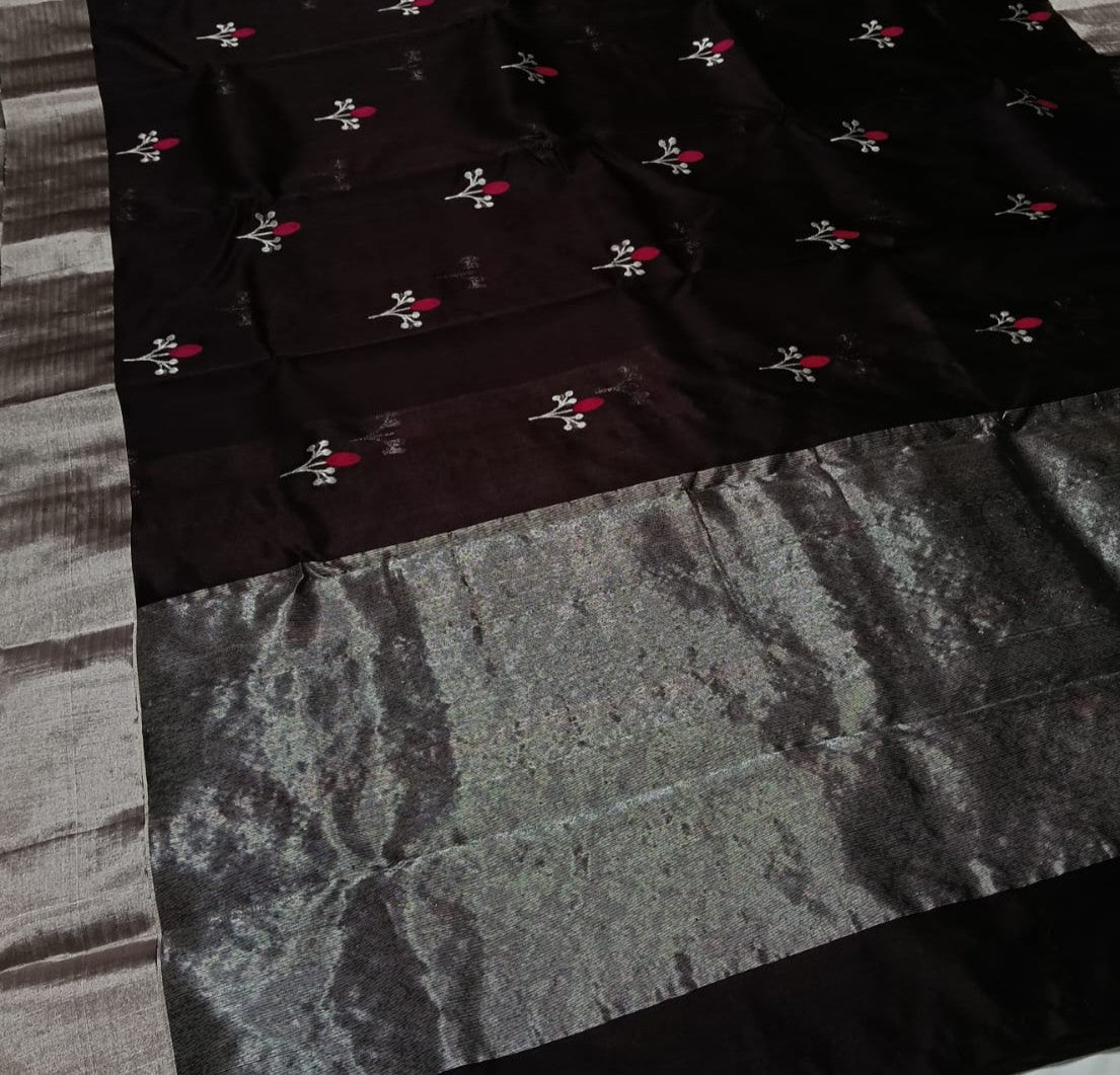 Dark Brown Chanderi Handloom Pattu Silk Eknal Buttas Meenakari Saree