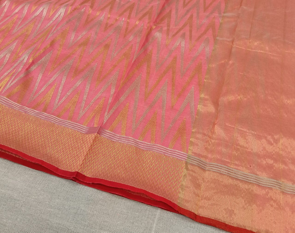 Peach Chanderi Handloom Pattu Silk Handwork Saree