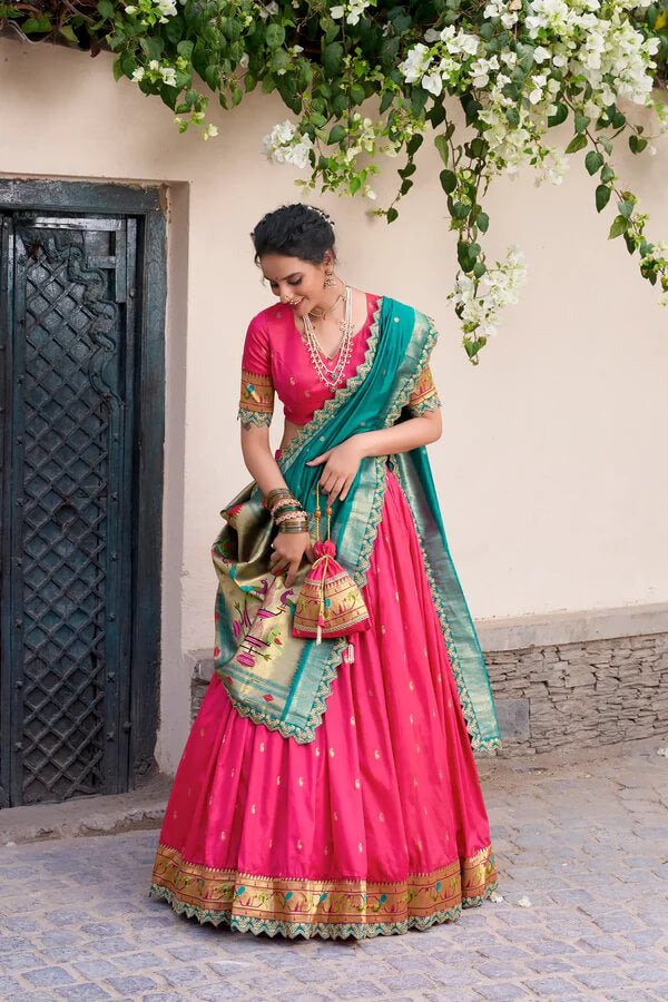 Festive Dark Pink Paithani Silk Lehenga with Zari Detailing
