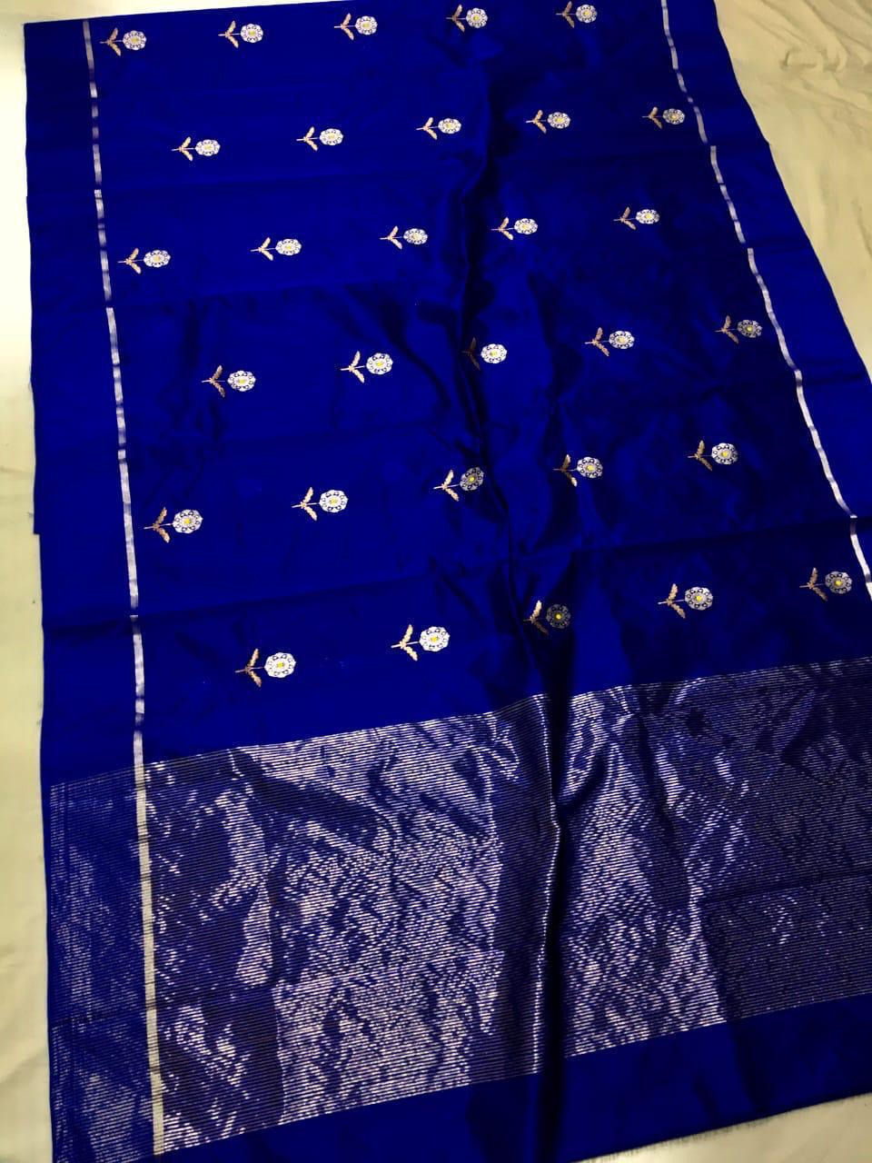 Azure Blue Chanderi Handloom Pattu Silk Meenakari Saree