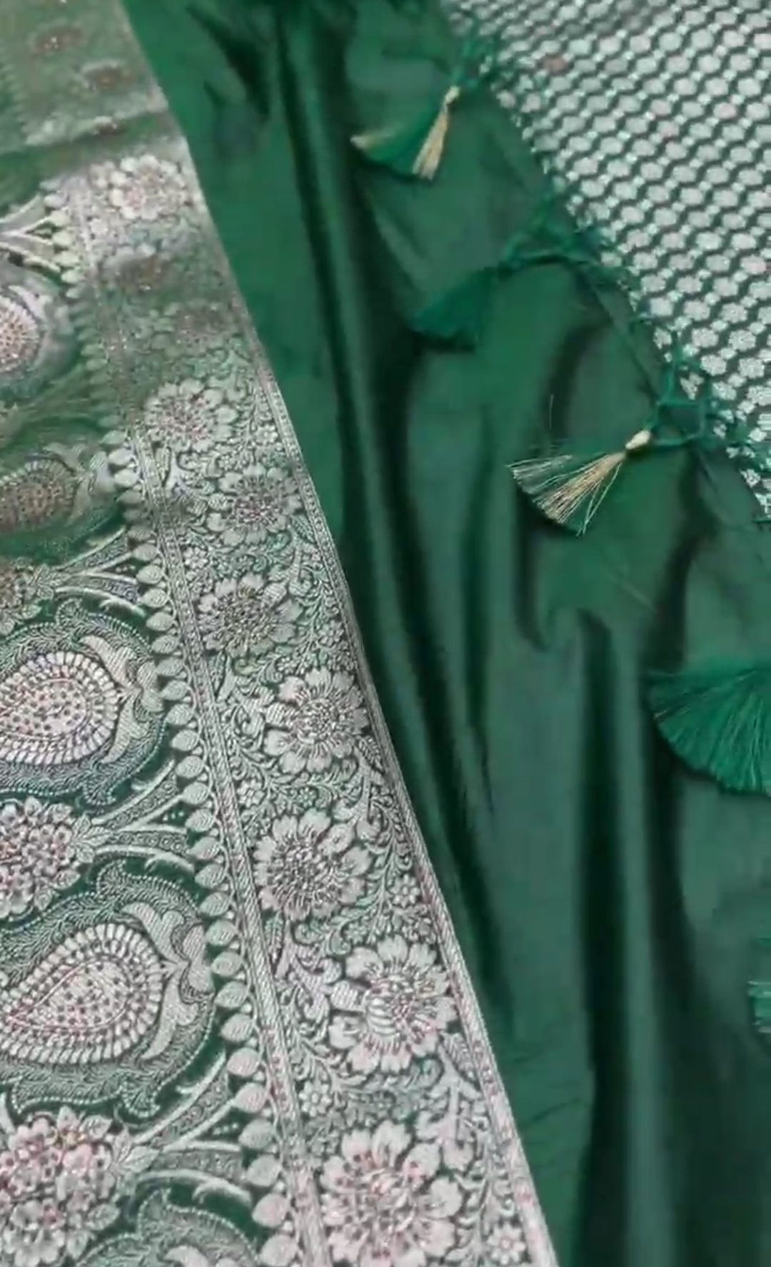 Green Banarasi Satin Katan Silk Swarovski Jangla Saree