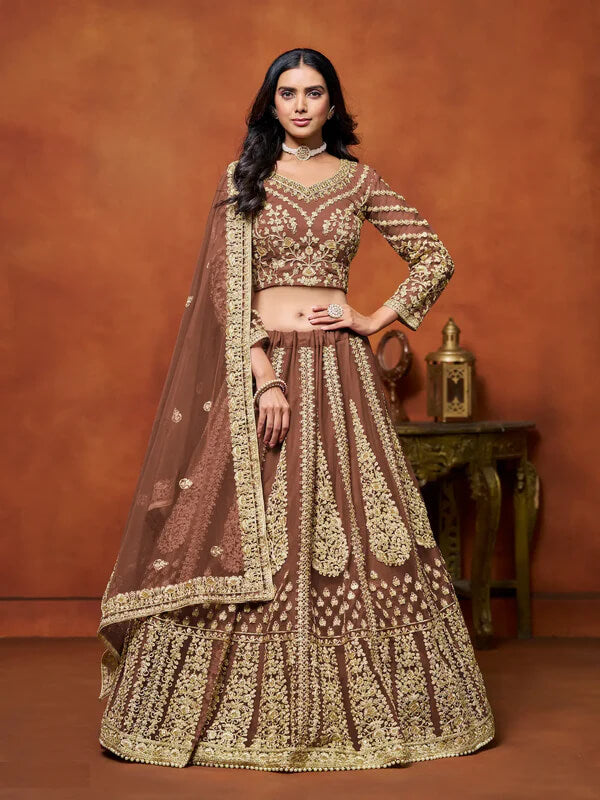 Designer Brown Thread & Sequins Net Lehenga