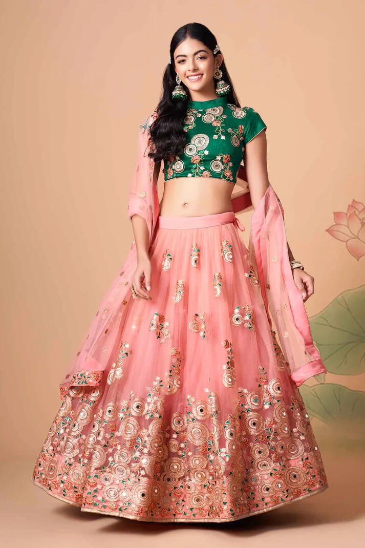 Peach Net Lehenga with Zari, Sequins & Mirror Work