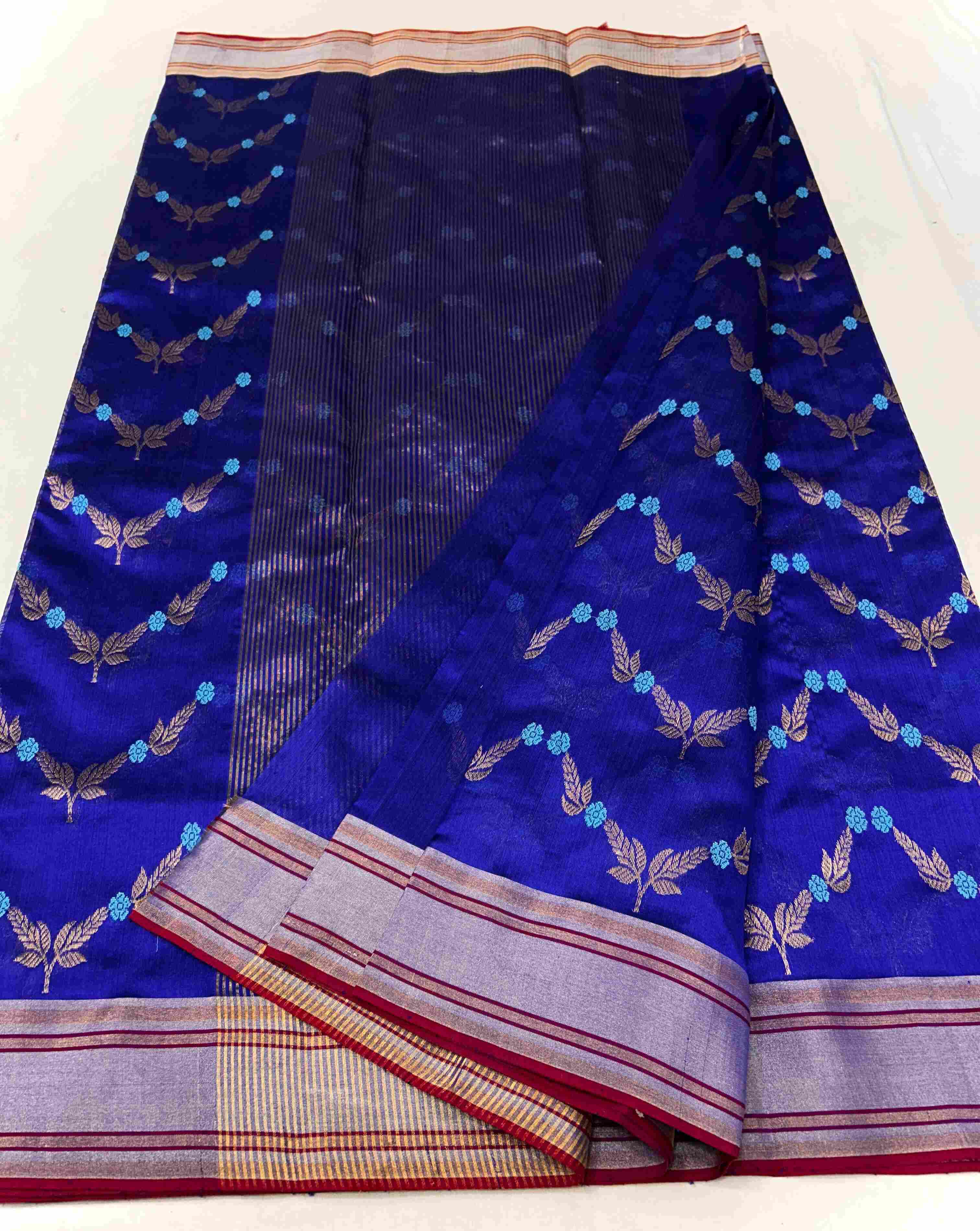 Azure Blue Chanderi Handloom Pattu Silk Meenakari Saree