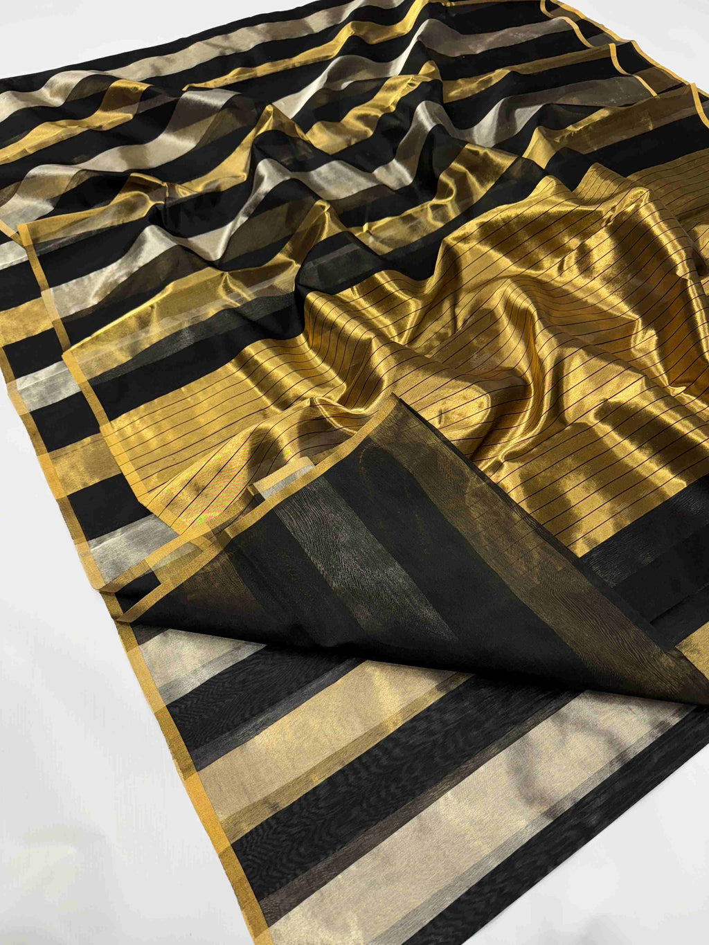 Gold, Silver & Black Chanderi Handloom Metallic Tissue Silk Contemporary Saree