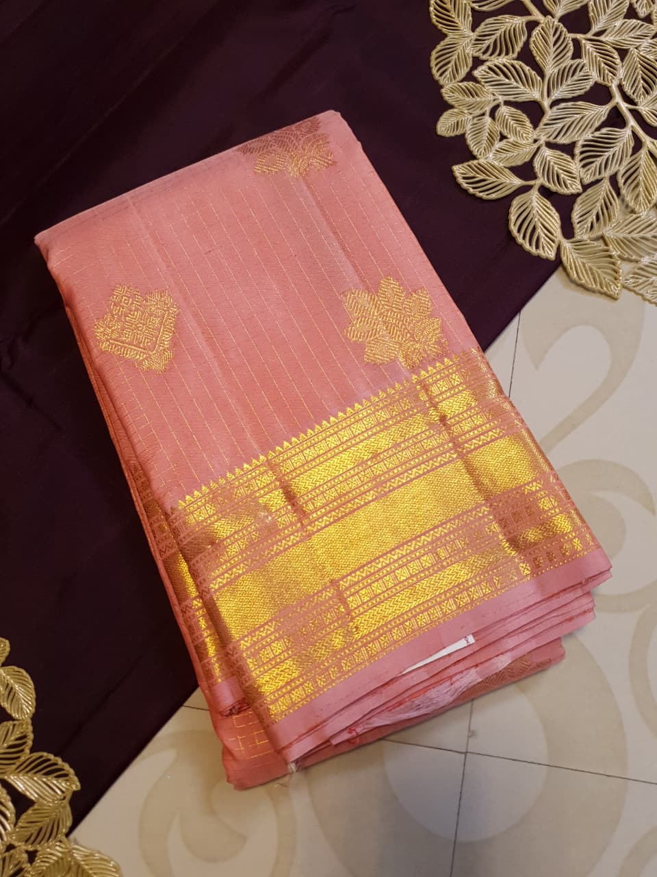 Peach Kanchipuram Handloom 2G Gold Vairaoosi Silk Saree