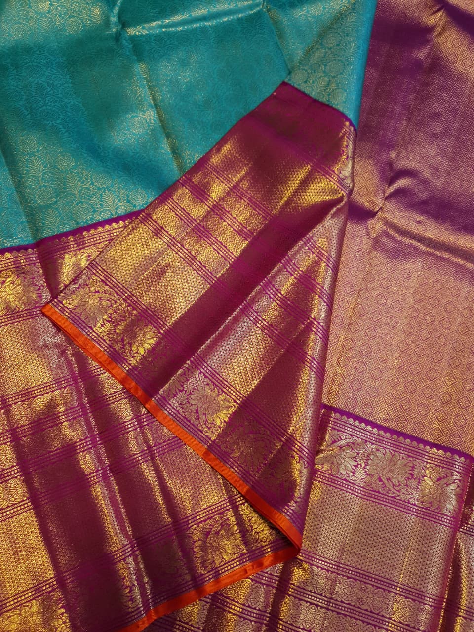 Havgrøn Kanchipuram Håndvæv 2G Guld Pattu Silk Saree