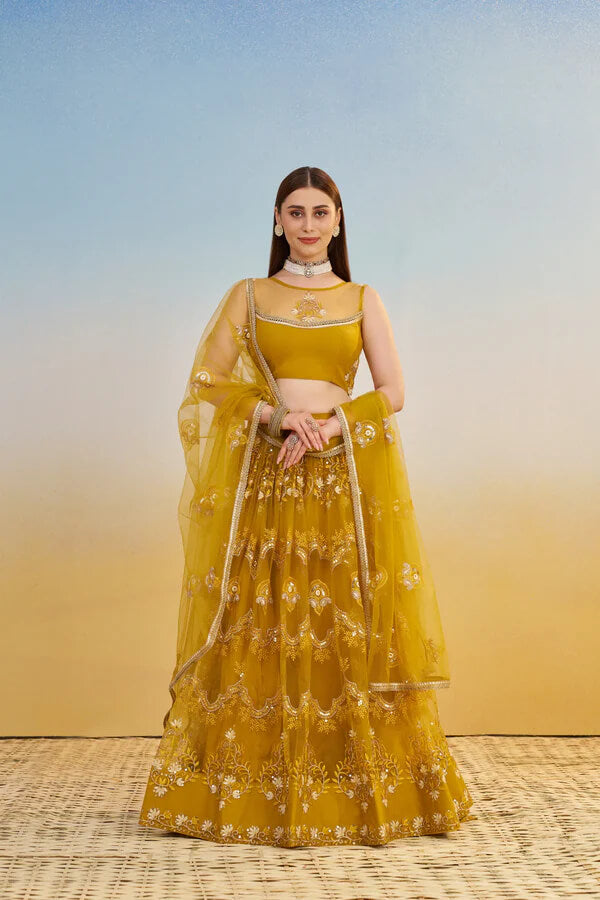 Festive Yellow Net Lehenga Choli with Thread Detailing