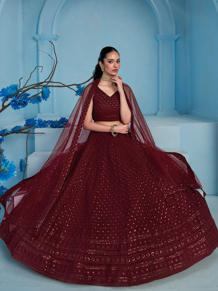 Maroon Designer Lehenga with Sequins & Dupatta
