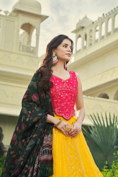 Party Wear Yellow-Pink Lehenga Choli with Intricate Embroidery