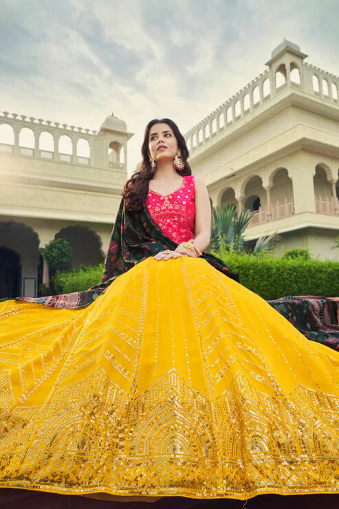 Party Wear Yellow-Pink Lehenga Choli with Intricate Embroidery