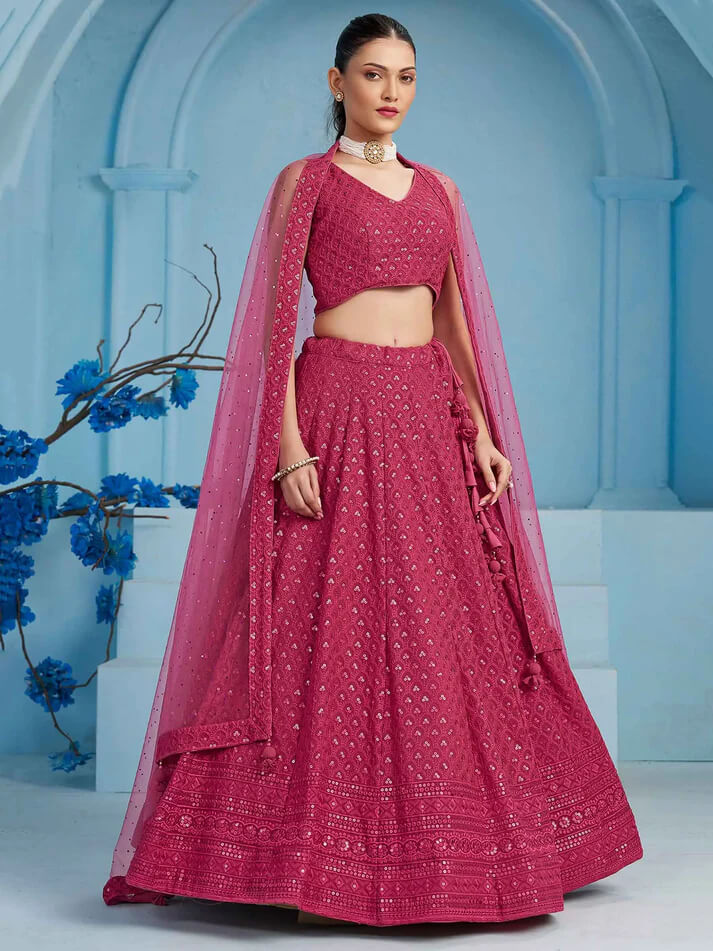 Rosy Pink Party Wear Lehenga with Sequins & Dupatta
