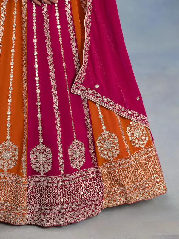 Designer Dark Pink-Orange Thread & Sequins Lehenga